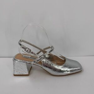 Steve Madden Emjay slingback pumps shoe crinkle silver metallic block heel new 8